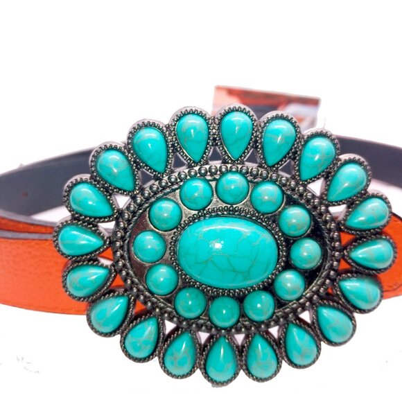 New Womens Skinny Reversible Leather Belt Full Grain Orange Black Size 34